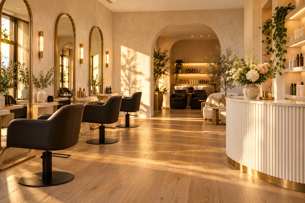 Illustrative salon concept with arched mirrors, warm ivory walls, and inviting styling chairs