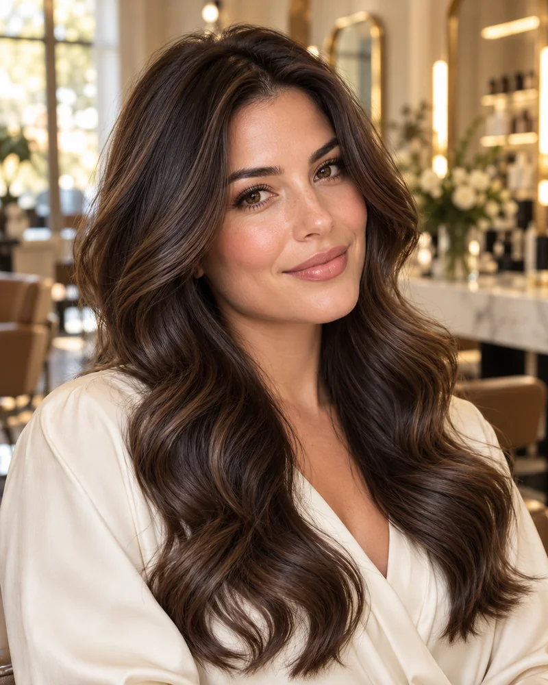 Style inspiration: long brunette hair with softly blended dimensional waves